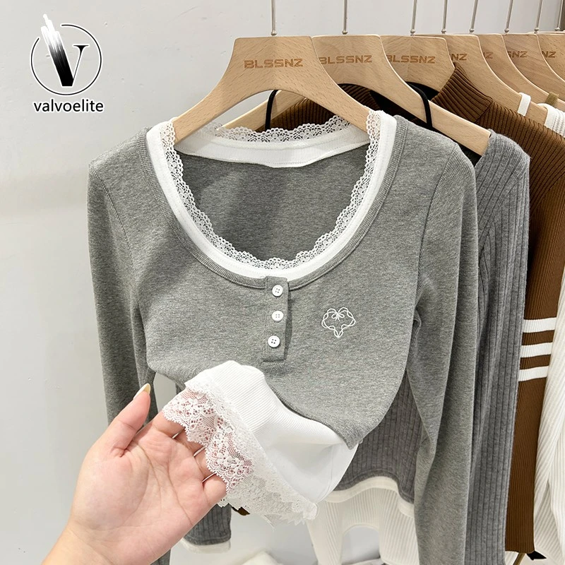 VALVOELITE纯欲风花边低领长袖t恤女新款假两件打底纯欲花边长袖