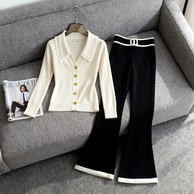 纯欲慵懒风女装白色蕾丝花边针织衫早秋季新款休闲百搭裤子两件套