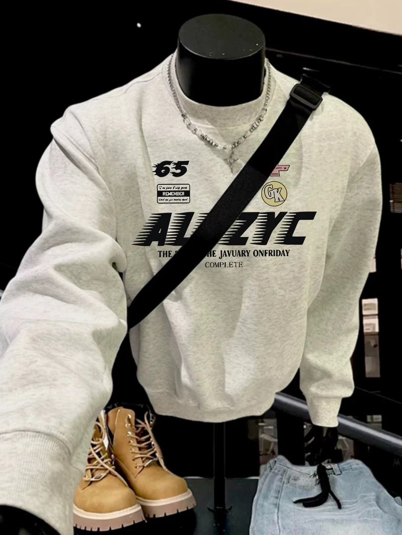 美式重磅圆领卫衣情侣加绒加厚机车风宽松休闲长袖打底衫上衣男