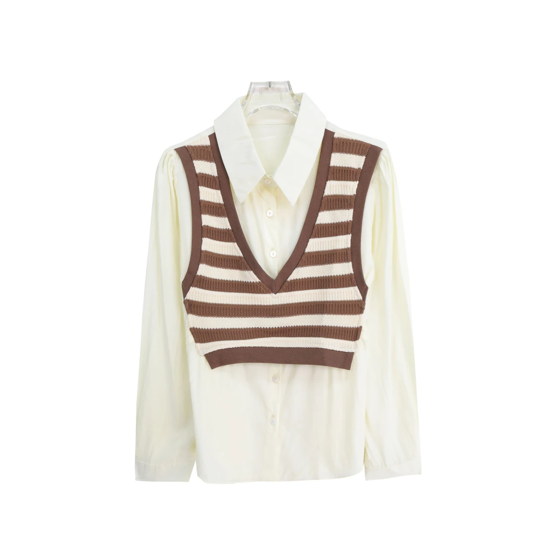 S复古港味假两件气质条纹拼接设计感衬衣S3352