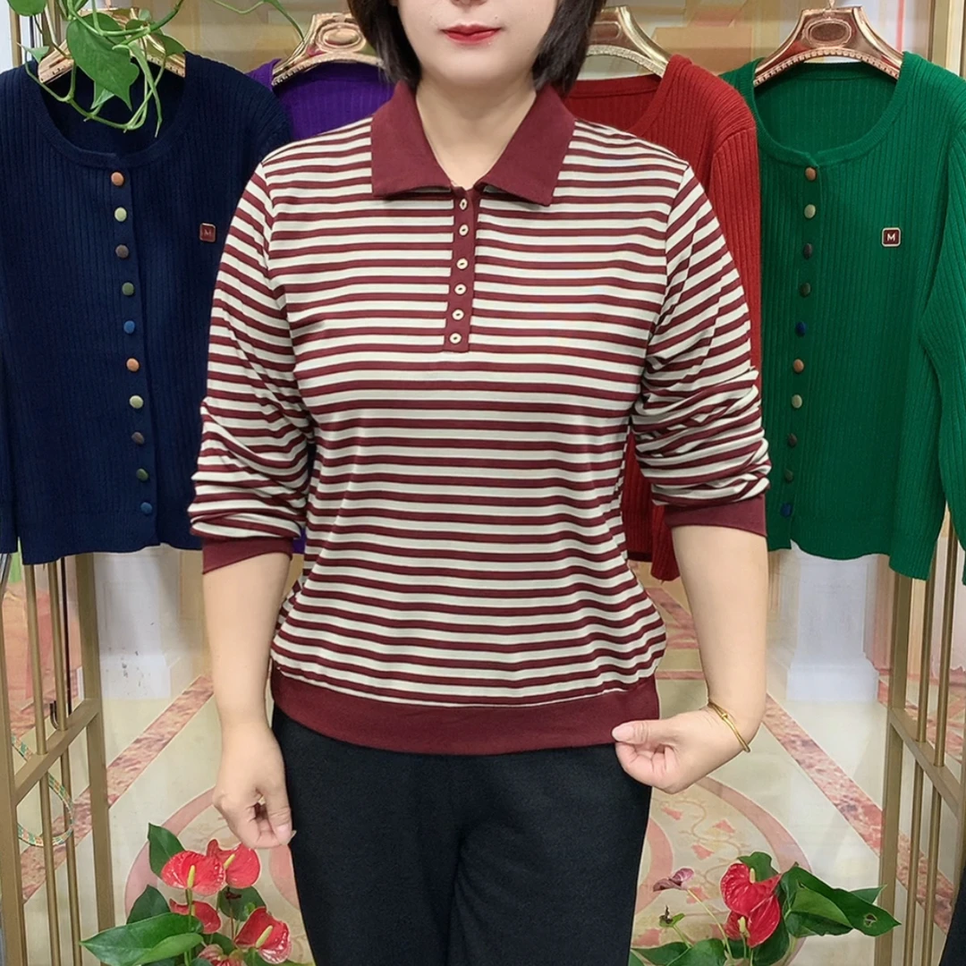 T恤秋季撞色条纹长袖标准春秋百搭常规显瘦条纹休闲