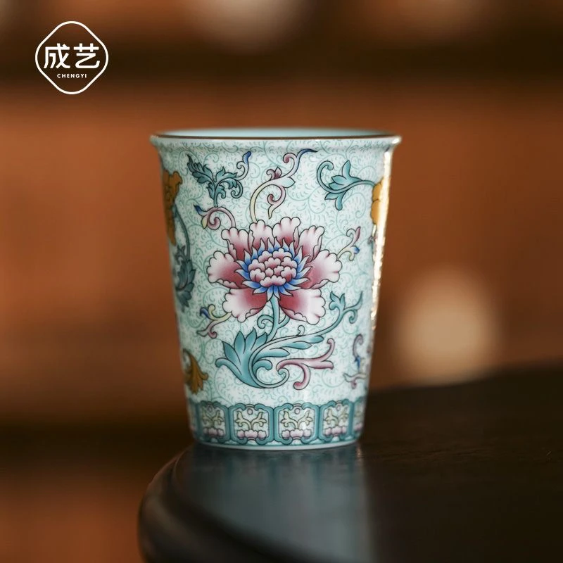 珐琅莲韵小可乐杯高温陶瓷珐琅彩大茶杯单杯珐琅彩茶具