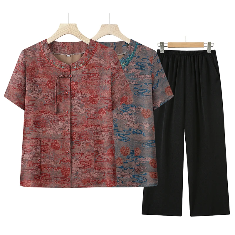 中老年女装短袖套装妈妈短袖两件套夏装中年大码开衫洋气宽松气质