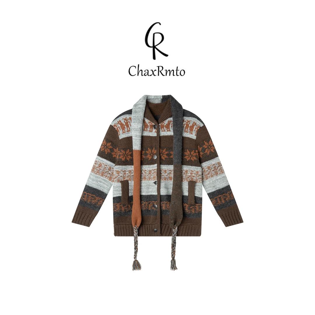 ChaxRmto 秋冬设计感拼色圆领单排扣针织开衫 斯斯CC1D2510