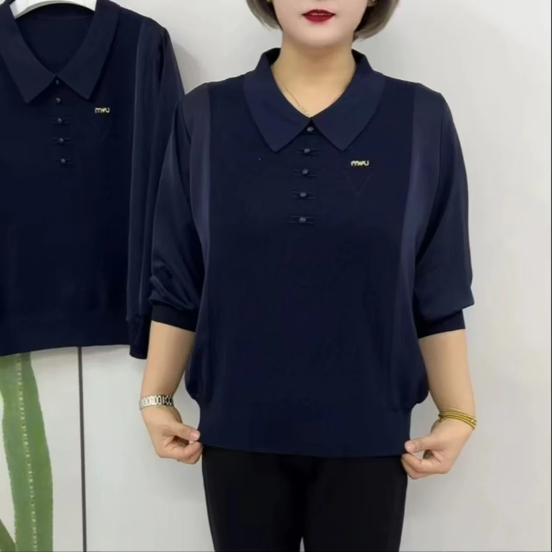 妈妈装春季新款高档翻领宽松遮肉气质减龄拼接时尚洋气百搭针织衫