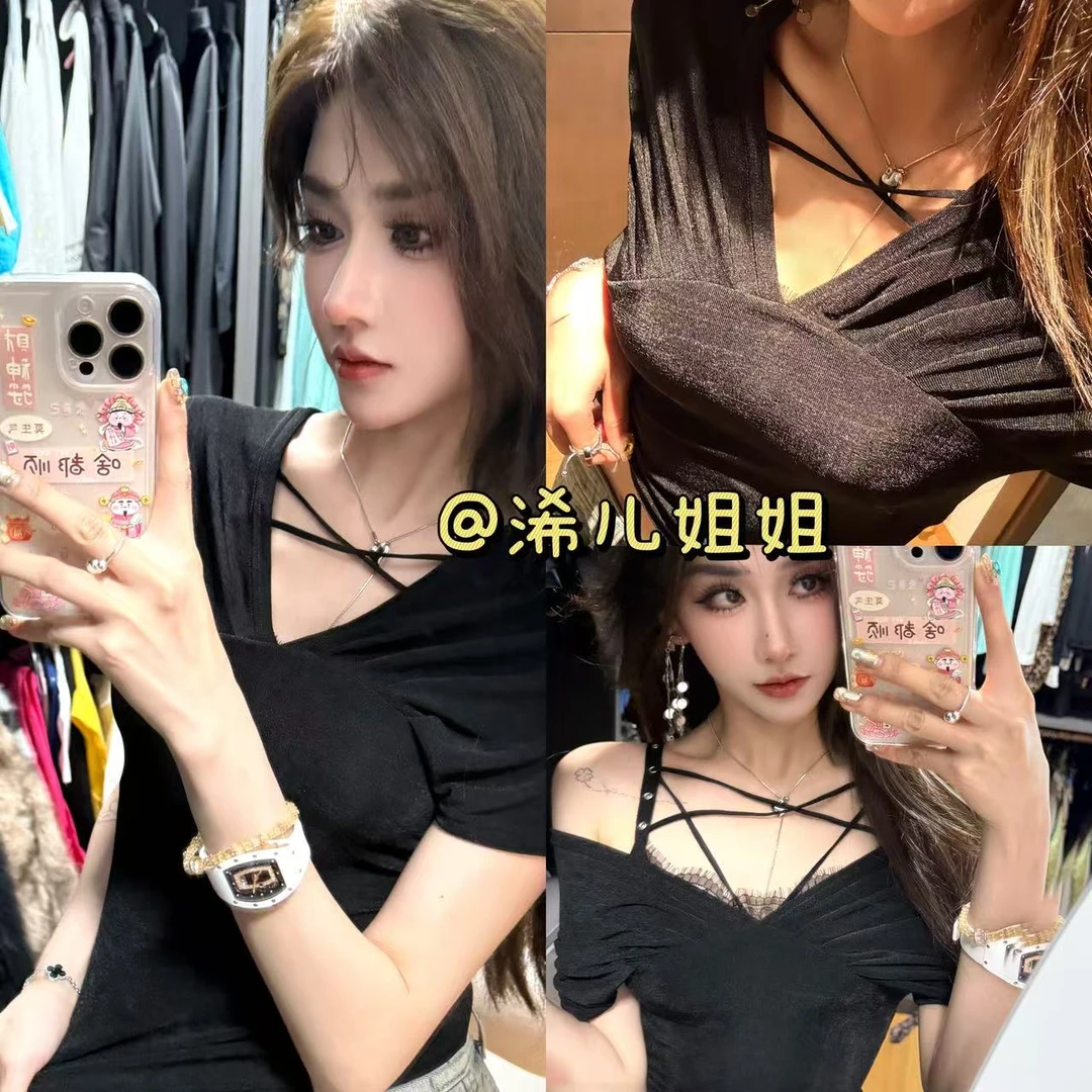 黑色露肩上衣小众设计感一字肩短袖T恤