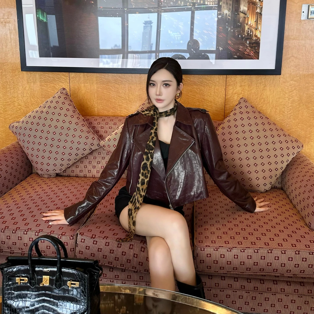 SX善喜酒红色羊皮真皮夹克短外套女时尚酷飒洋气宽松百搭机车上衣