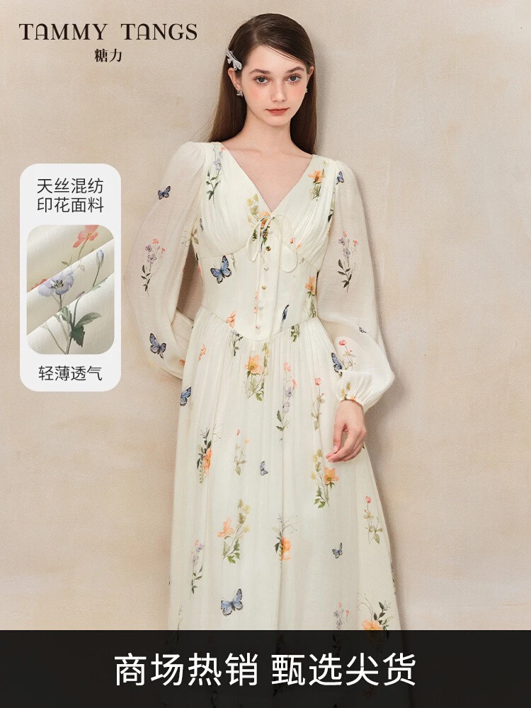 商场同款糖力 春日花海2025春新款长袖收腰印花连衣裙女