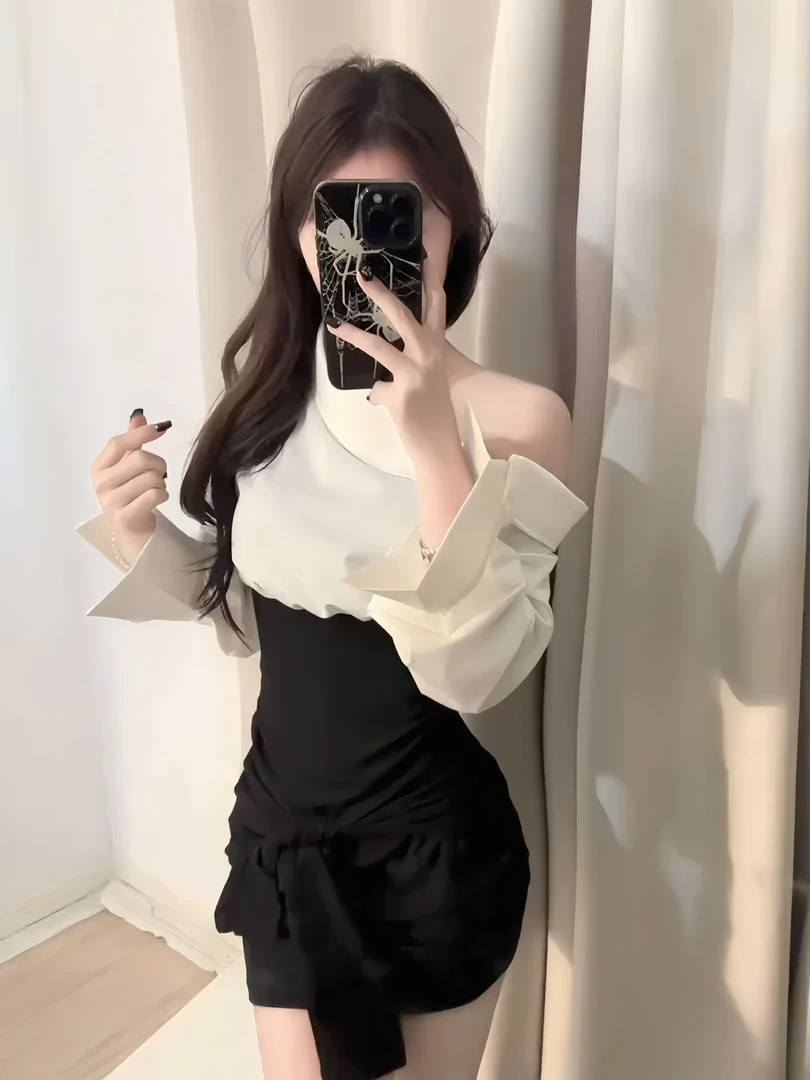 法式辣妹收腰显瘦设计感斜肩连衣裙女装夏季新款纯欲撞色包臀短裙