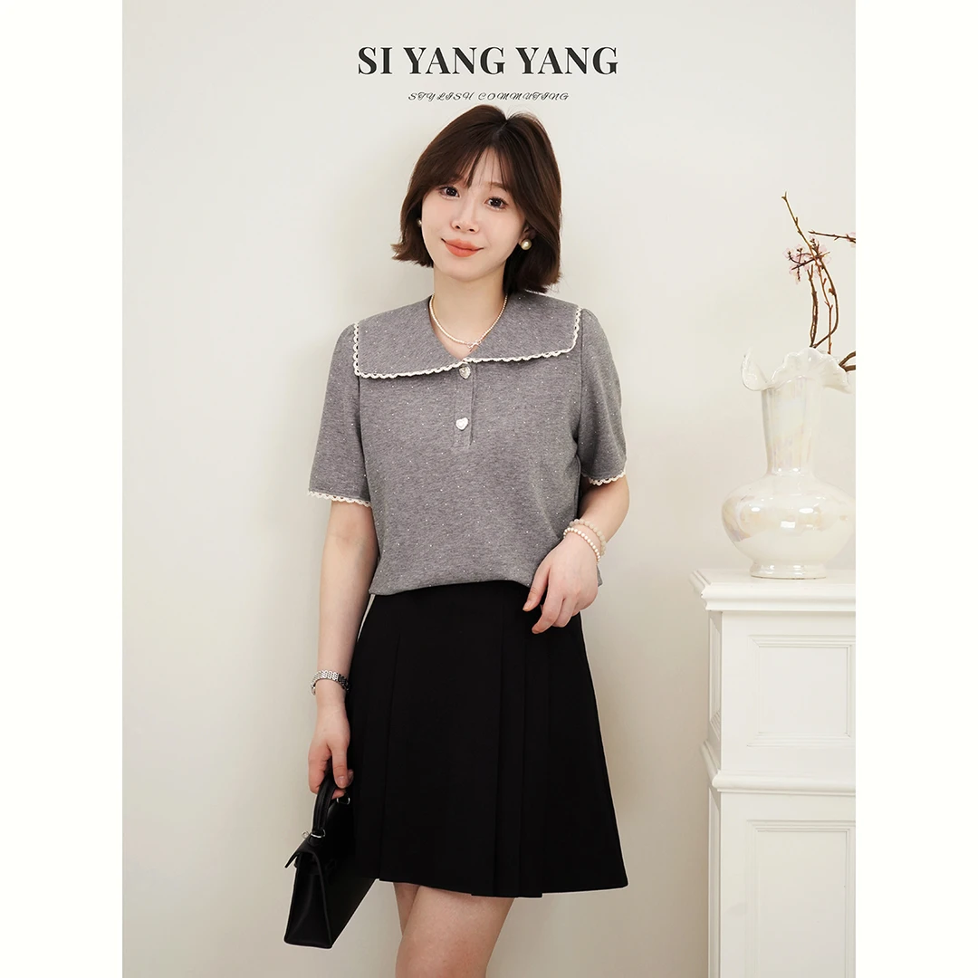 SIYANG棉感坑条针织新款高温烫钻精致减龄T恤SY504A023SYY