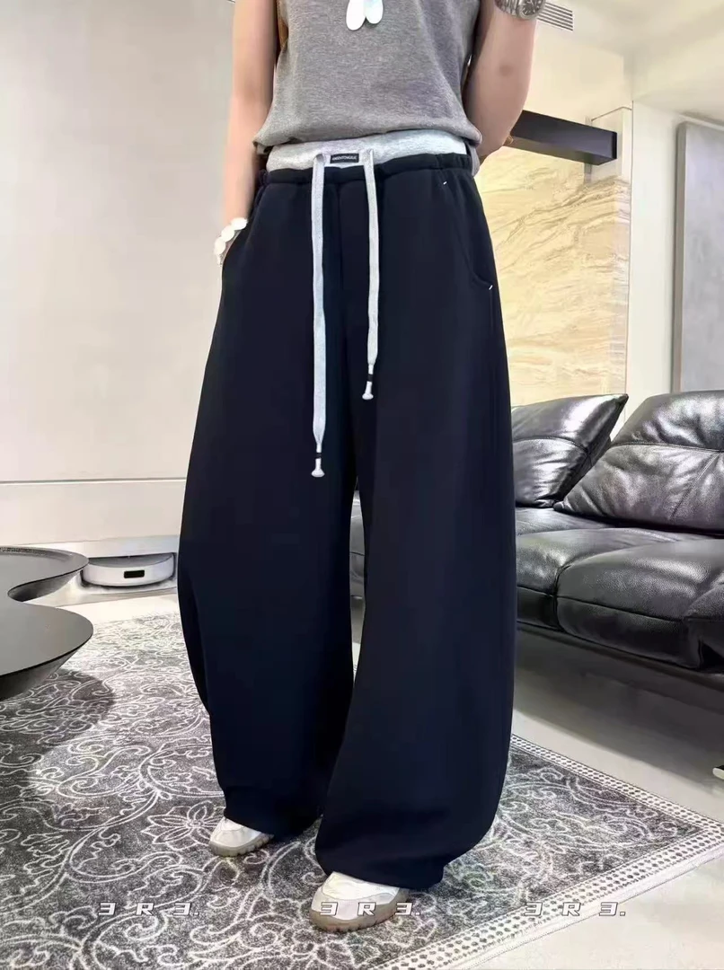 撞色高货抽绳双腰头阔腿弯刀休闲裤韩版百搭卫裤