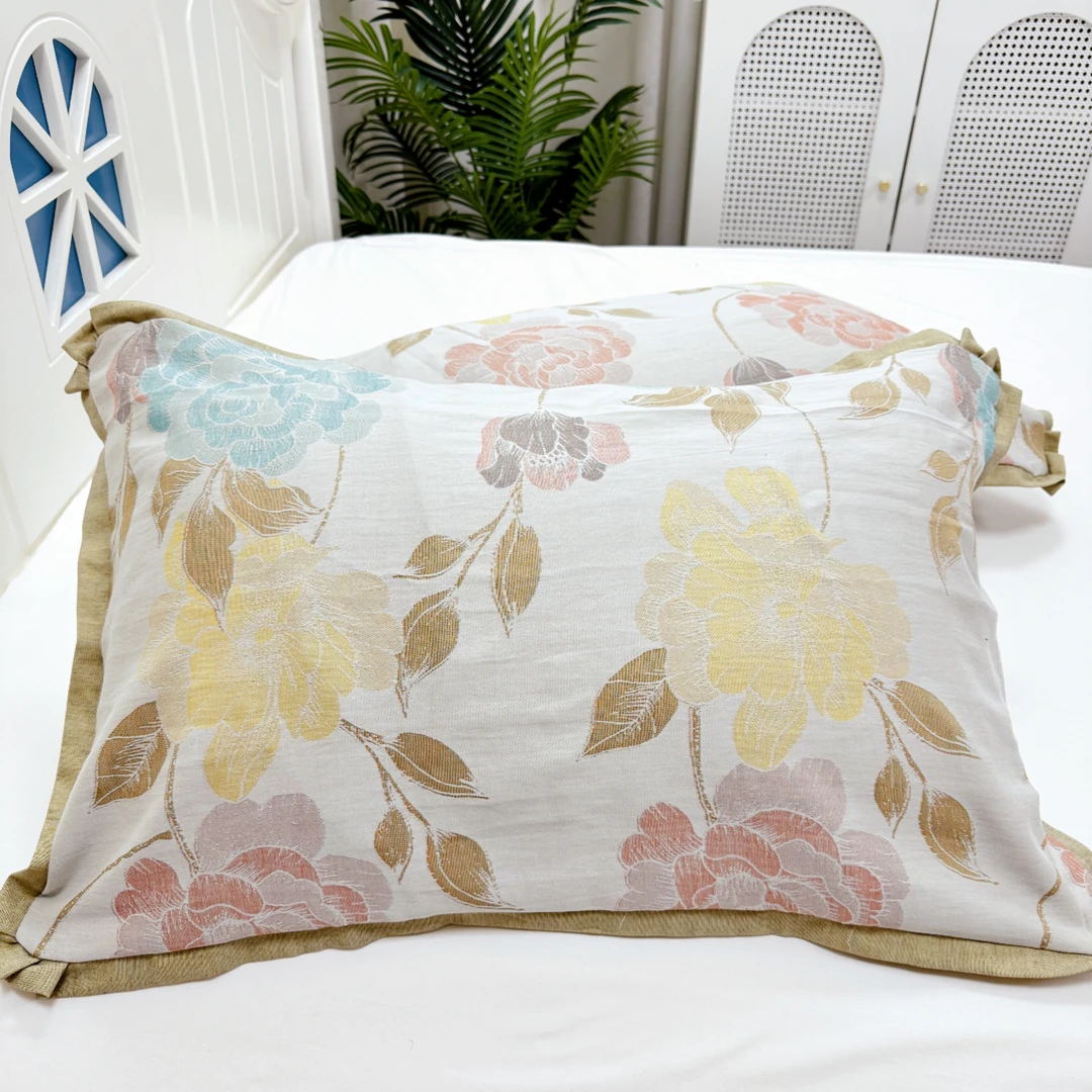 枕套【国色芳华】48X74厘米 双层纱纯棉单人枕套一对装成人枕头套