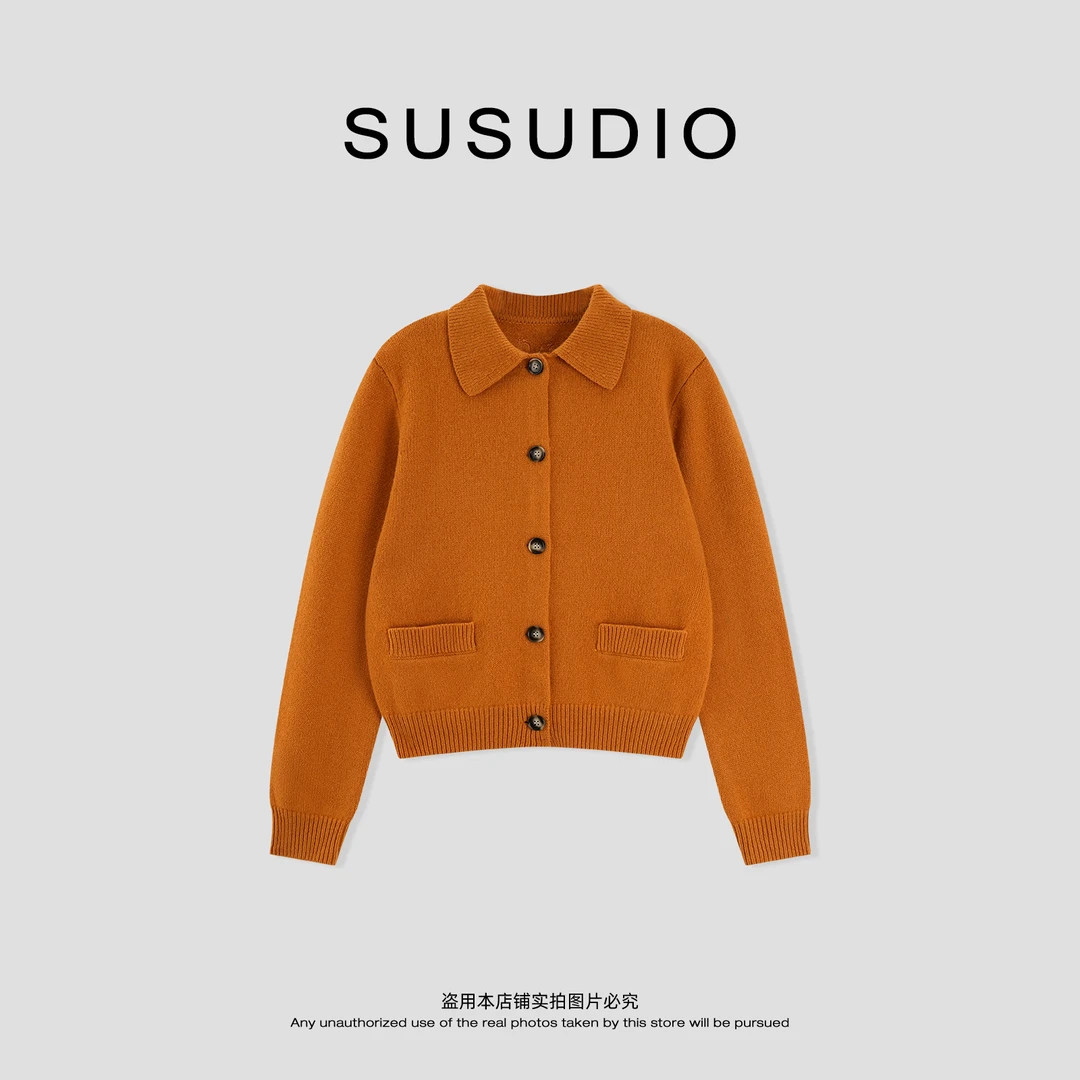 SUSUDIO  100美利奴羊毛 慵懒风复古POLO领纽扣开衫毛衣  50172