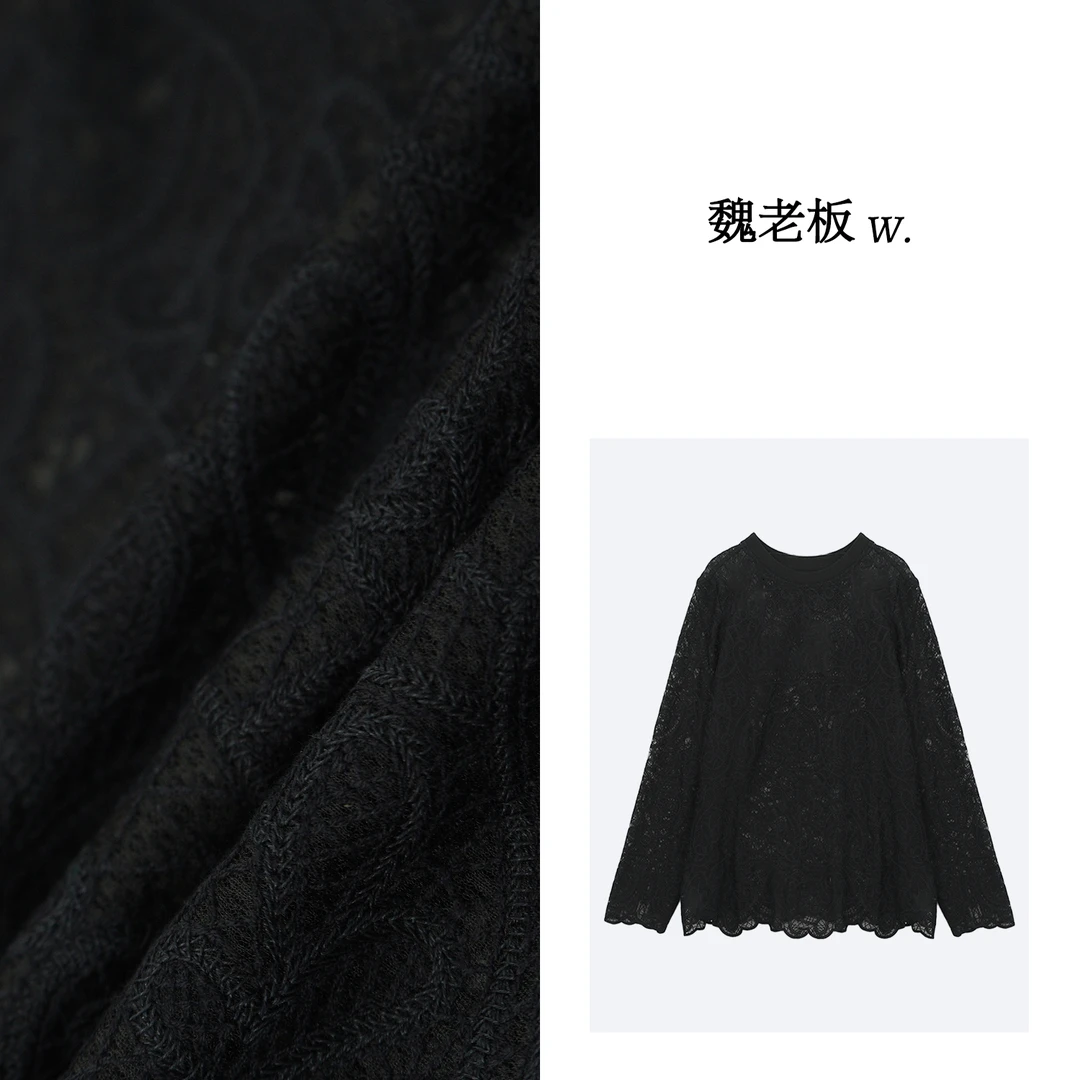 W.Diva【墨雅】桑蚕丝醋酸法式优雅圆领长袖蕾丝小衫慵懒51S061144