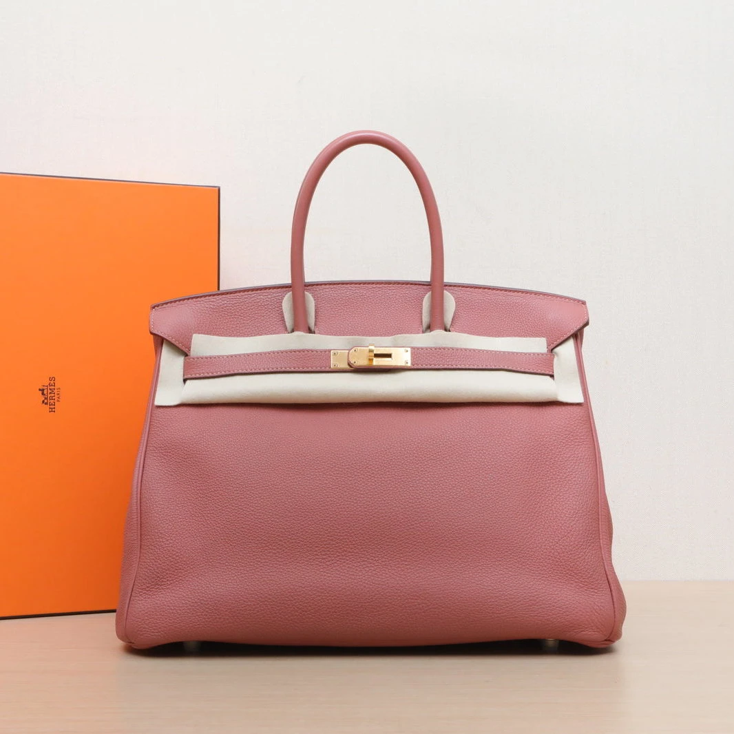 95新 Hermes/爱马仕 花花Birkin 35 3L玫瑰茶色 Togo皮 框Q 金扣
