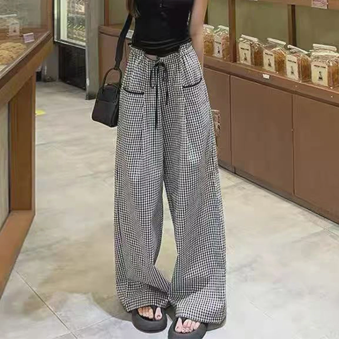 黑白格纹时尚休闲阔腿裤女2025夏季新款高腰显瘦宽松百搭直筒裤子