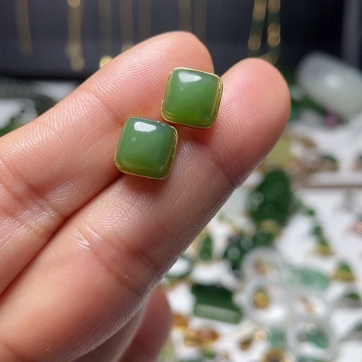 和田玉（碧玉）银S925镶嵌耳饰