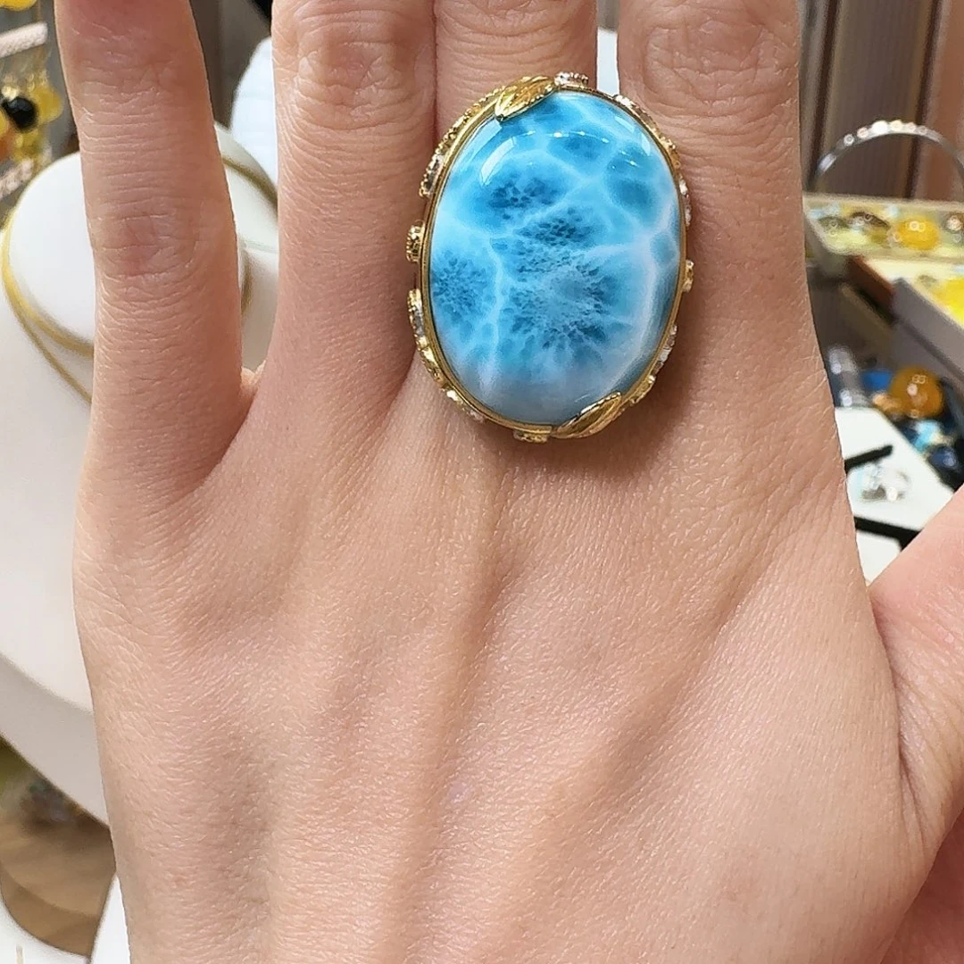针钠钙石（海纹石）银S925镶嵌戒指戒指