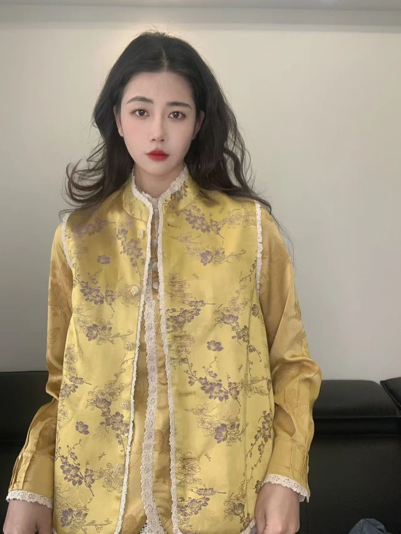 九月  黄色蕾丝马甲  新款中式织锦显瘦国风中式复古汉服马甲