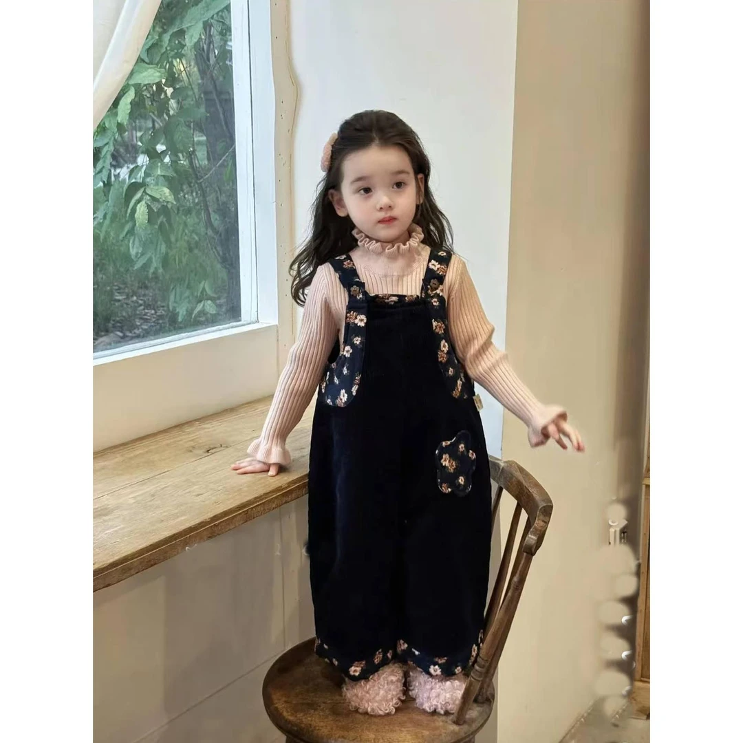 奥莱正品甜甜家 女童覆古灯芯绒背带裤套装秋装女森系宝宝灯笼裤