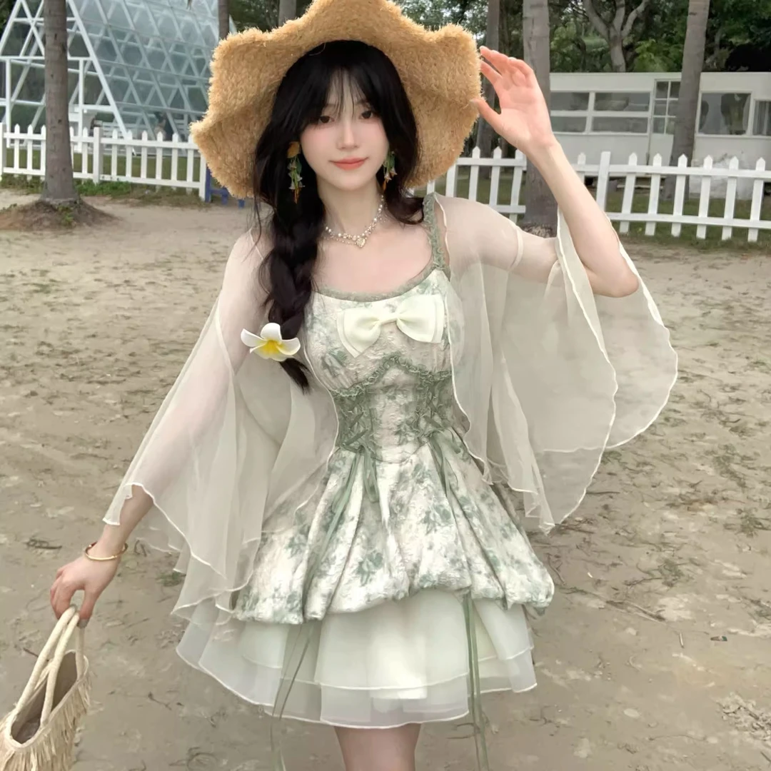 【薄荷之夏】2025春新精灵森林收腰公主吊带裙显瘦开衫两件套蝴蝶结