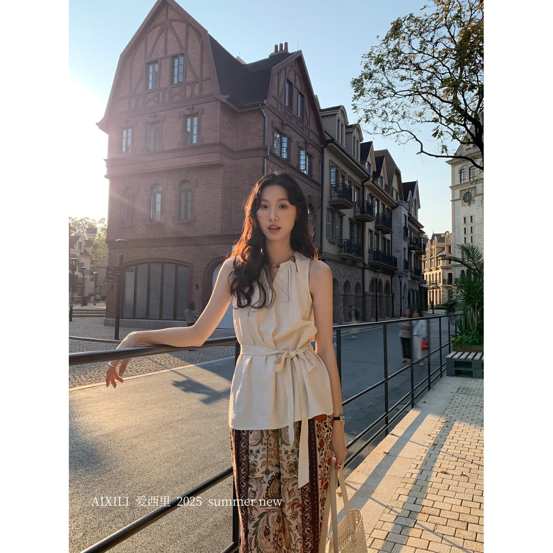 时尚温柔韩系气质设计感手工珠串褶皱系带无袖背心2025夏季新款