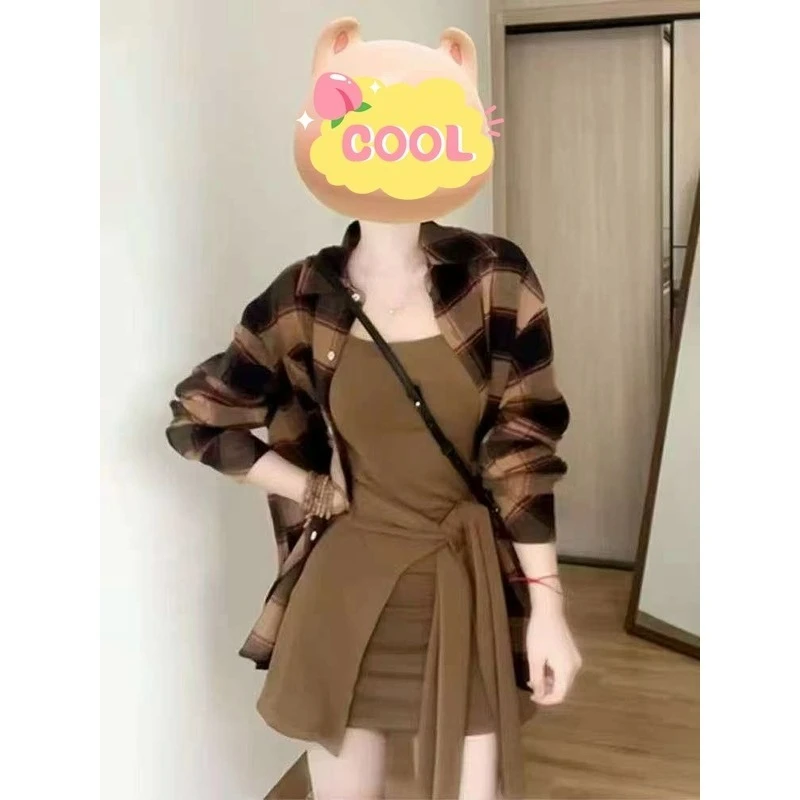 大码韩系初秋长袖衬衫吊带连衣裙显瘦两件套2067#