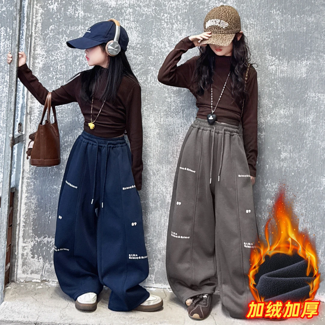 女童秋冬工装裤2025加绒加厚微弹透气休闲裤松紧腰阔腿口袋裤子潮
