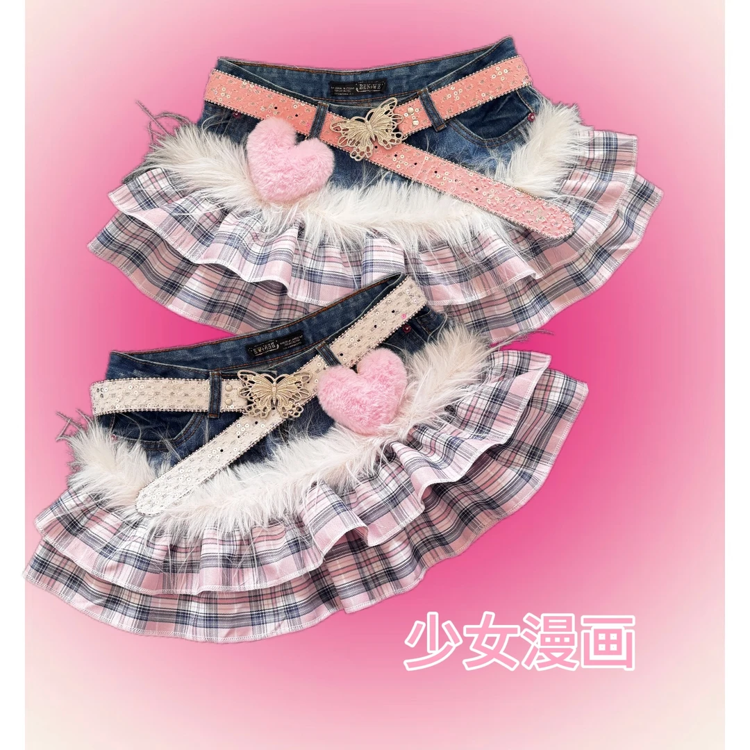 “少女漫画”-娜娜古着手作牛仔拼接辣妹亚文化暗黑流光半身裙短裙