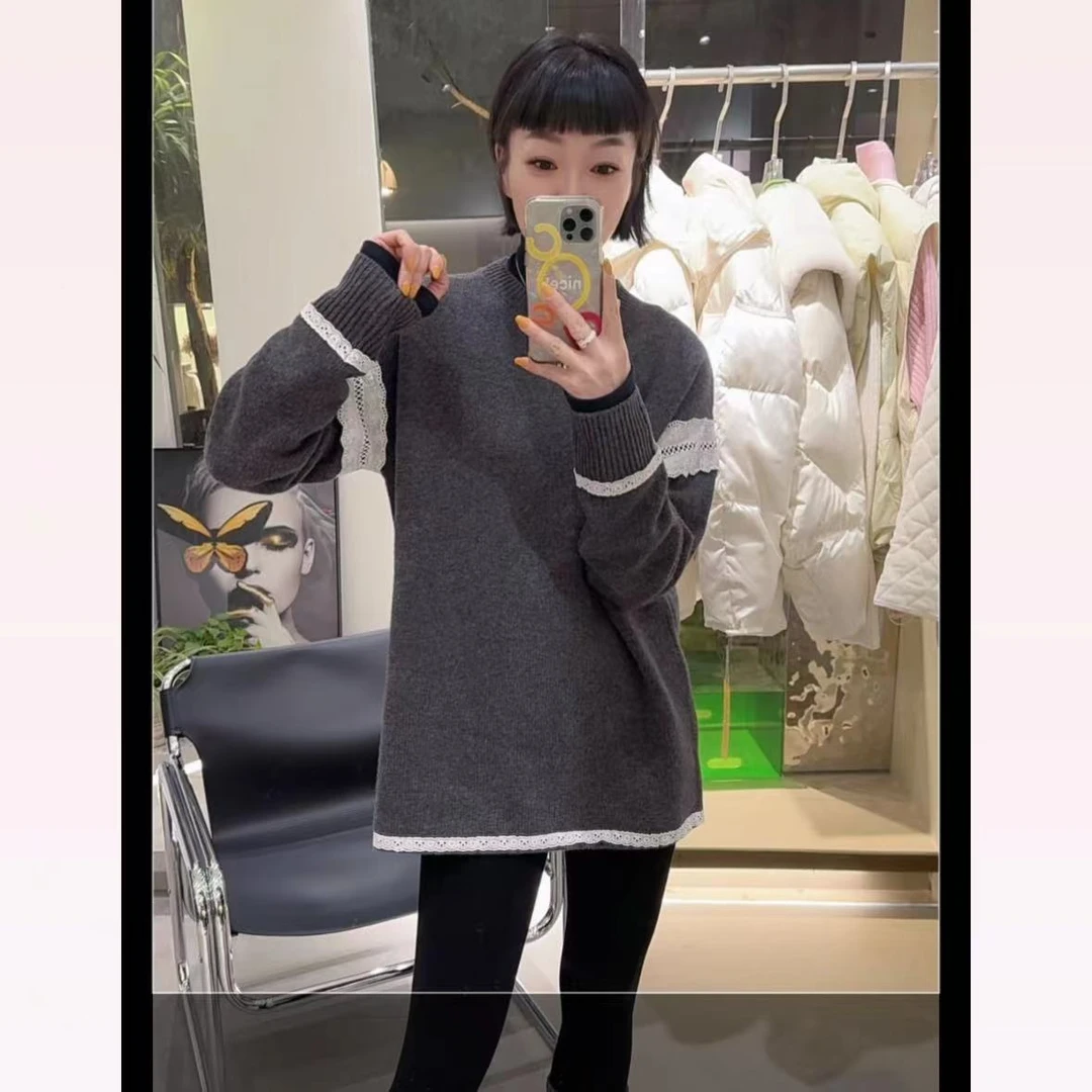 春苗女装     蕾丝袖羊毛衫      时尚百搭毛衣针织衫