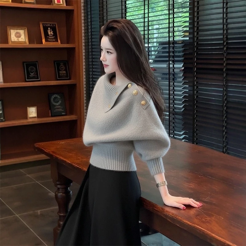 美拉德灰色设计感翻领毛衣女秋冬高级感慵懒老钱风针织衫内搭上衣