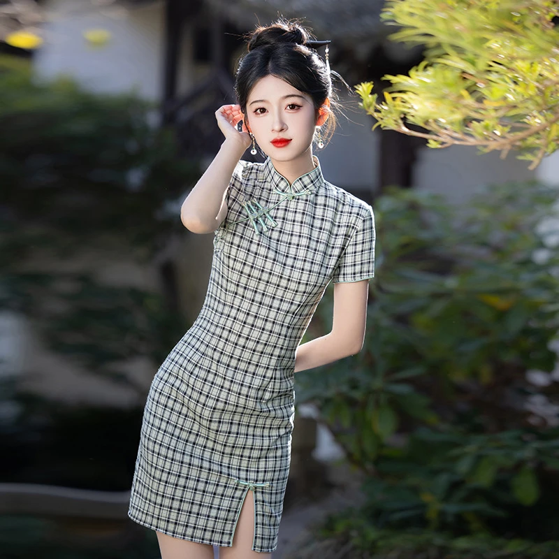 2025春夏短款小个子格子单层清新少女文艺气质中国风复古优雅旗袍