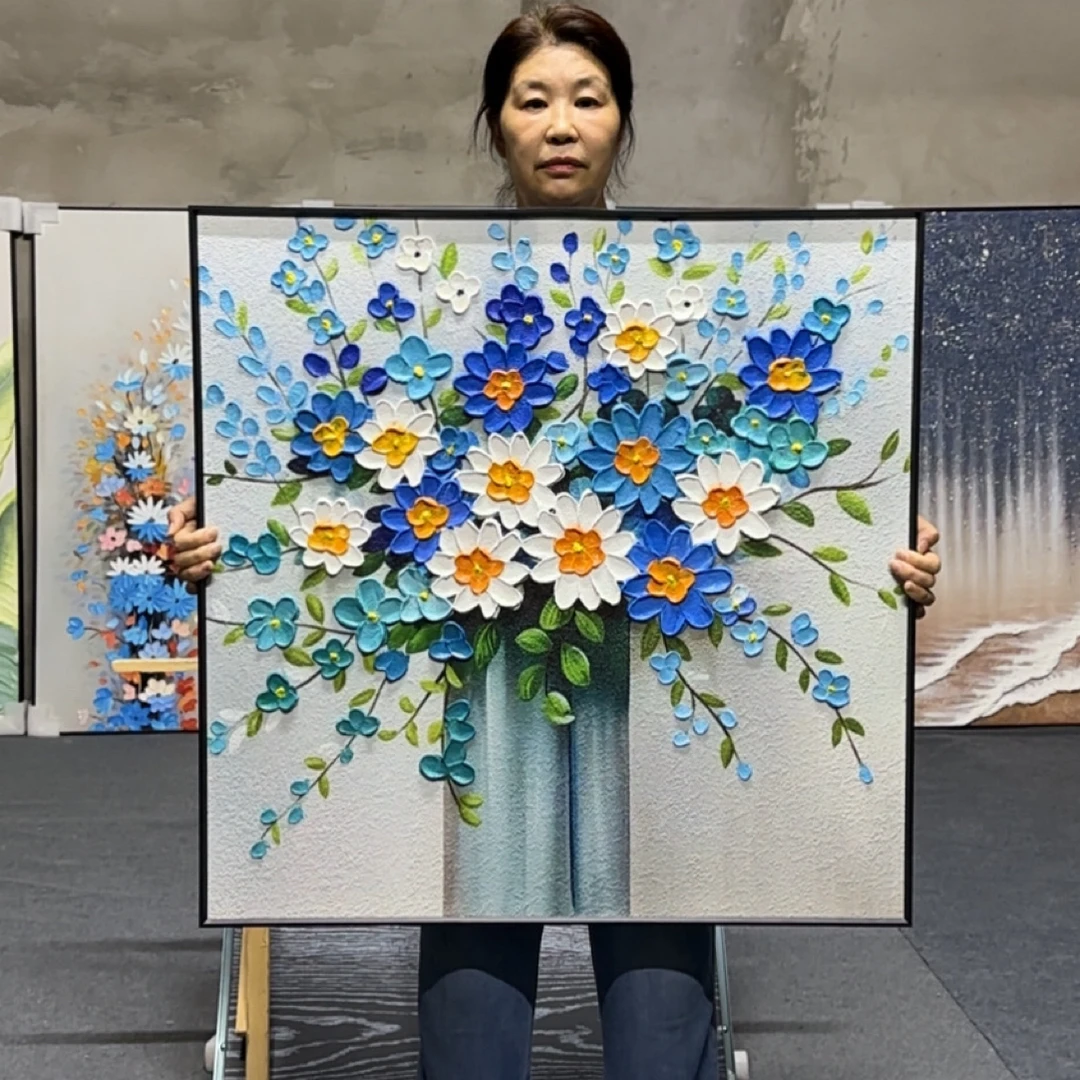 【清蓝花影】简约手工立体花卉砂岩油画客厅餐厅玄关走廊装饰画8080