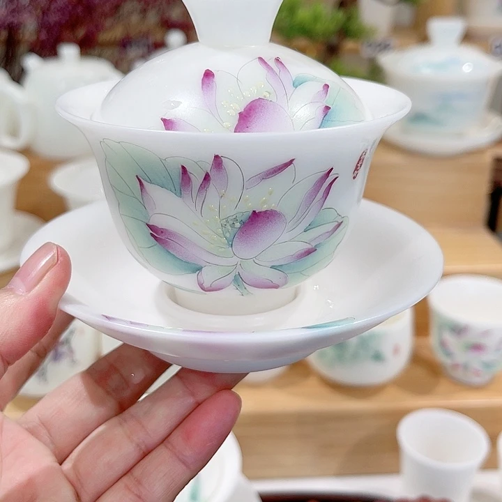 莲花盖碗素烧手绘130-111111121