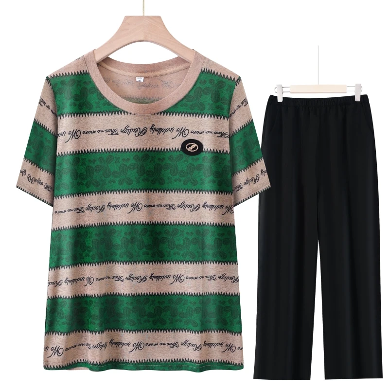 洋气中年妈妈夏季显瘦套装夏装中老年女装薄款显瘦T恤+裤子两件套