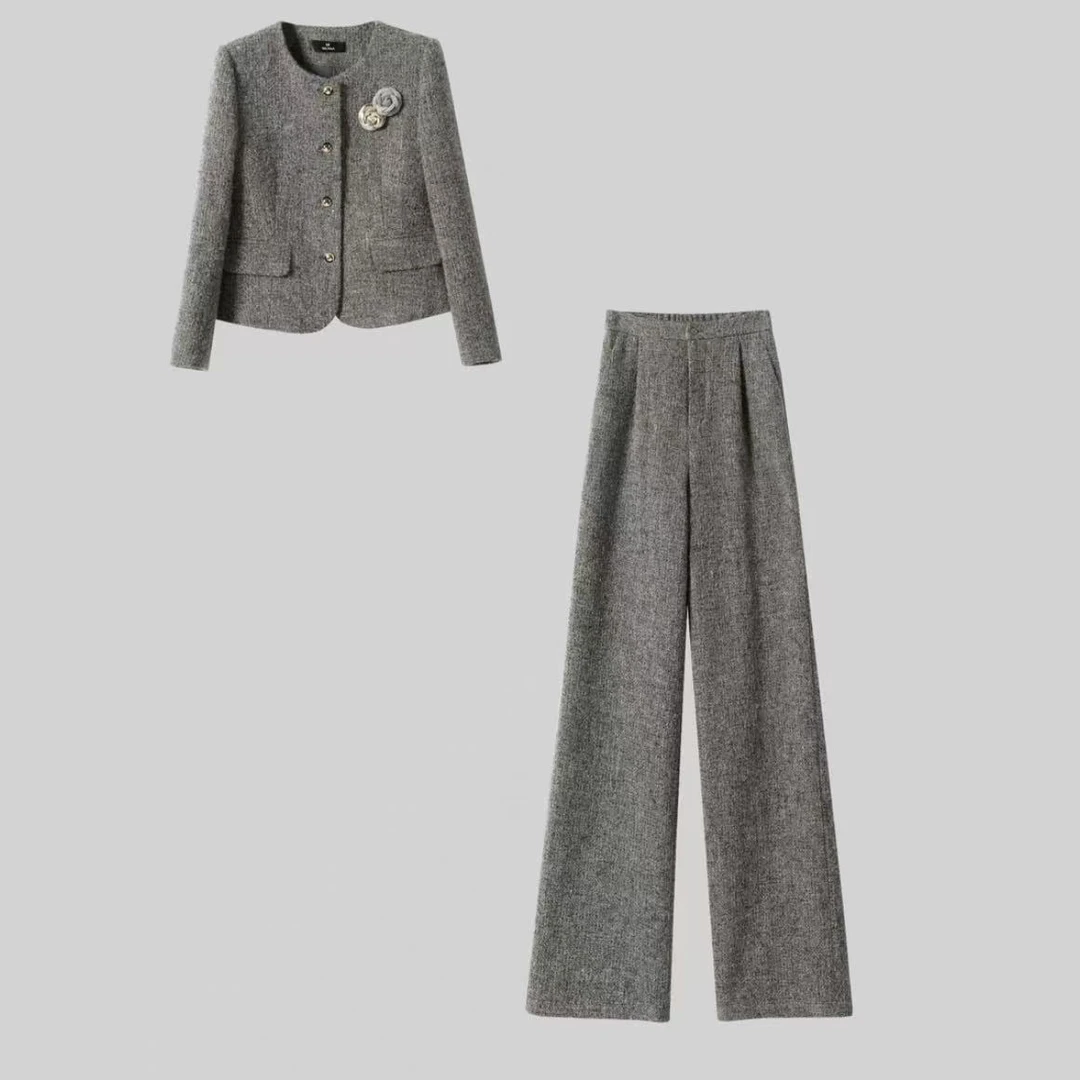 【纪朵研】Y032加厚款小香风时尚套装女装高腰复古套装秋冬阔腿裤女