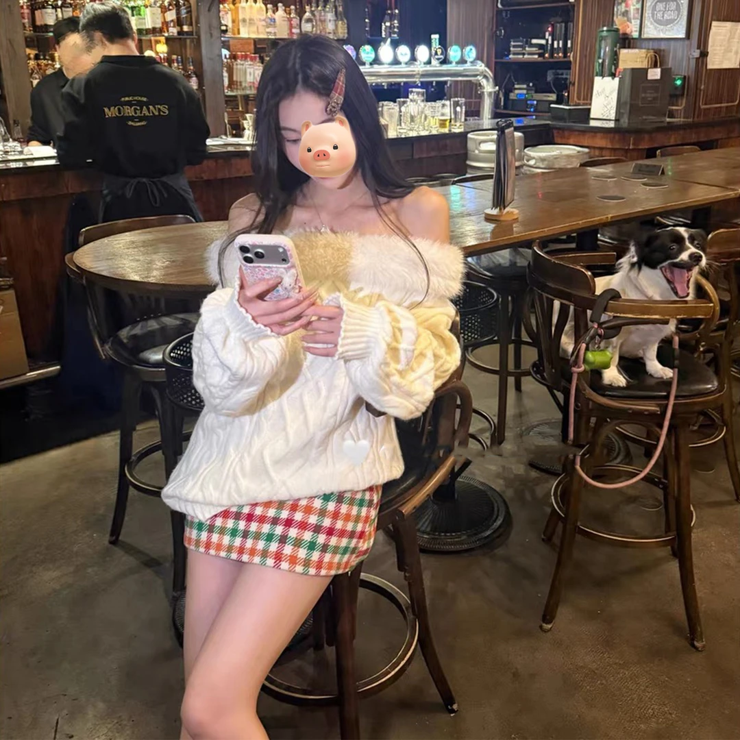 法式一字肩白色套头麻花毛衣女秋冬加厚宽松慵懒风露肩针织衫上衣