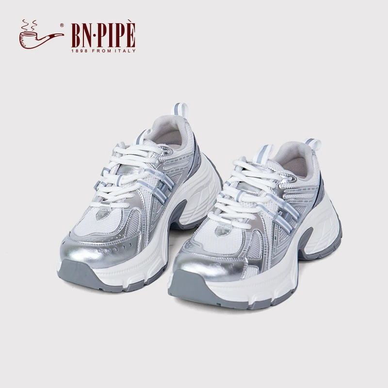 BN.PIPE/百年烟斗老爹鞋女春2025爆款舒适增高银色网面透气运动鞋