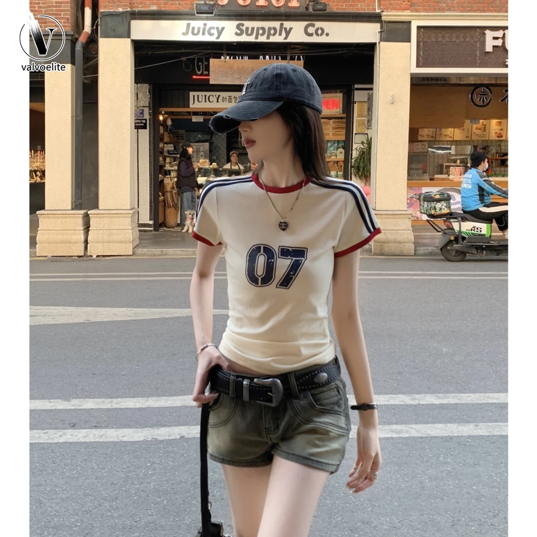 VALVOELITE撞色美式印花短袖T恤女夏季设计感小众辣撞色修身辣妹