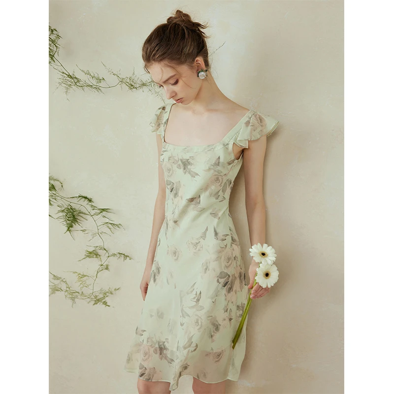 Mix Selection｜香榭玫瑰NO.2 法式女方领短款印花连衣裙MSBIQ0536