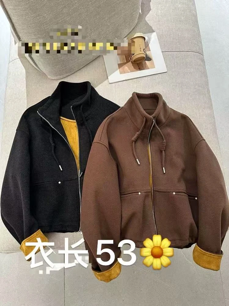 【艳子】938小个子~拼色立领毛呢外套