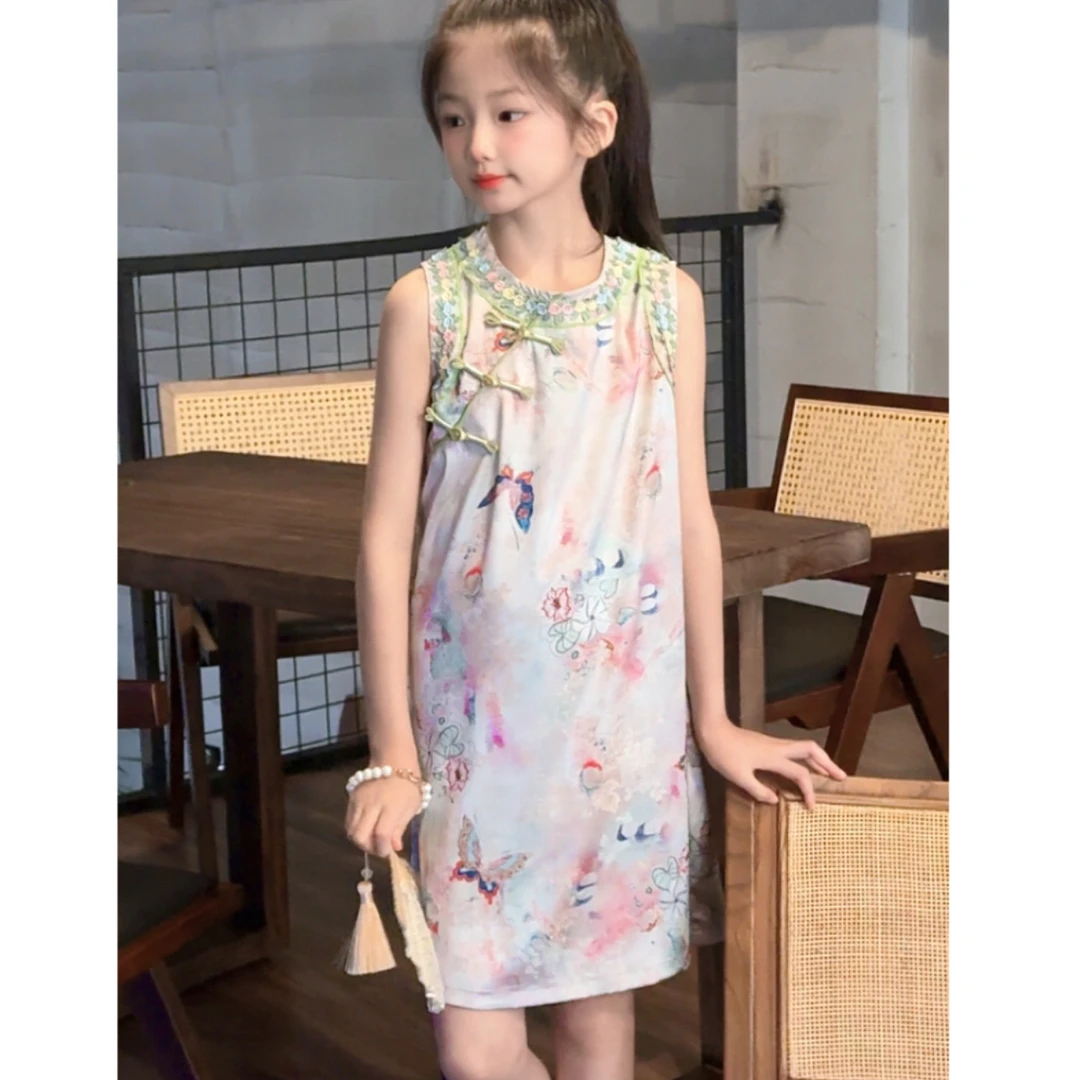 女童夏季儿童新中式旗袍蝴蝶无袖连衣裙D
