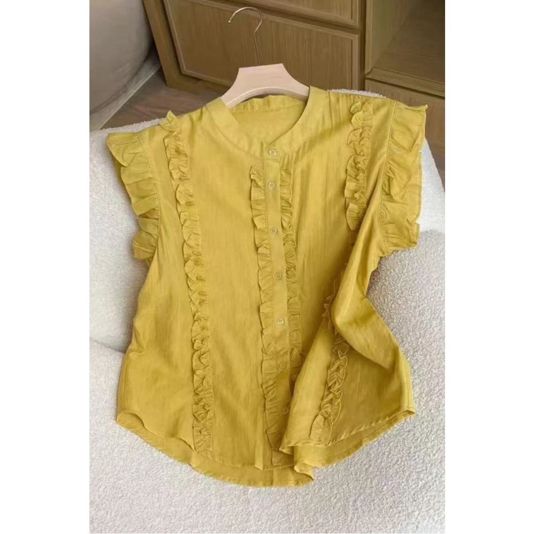 9307韩版木耳边飞飞袖衬衫女高级感轻奢减龄洋气显瘦时尚小香风