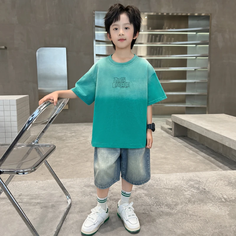 中班仔童装男童套装纯棉渐变T恤牛仔五分裤帅气男孩两件套*ZH2490