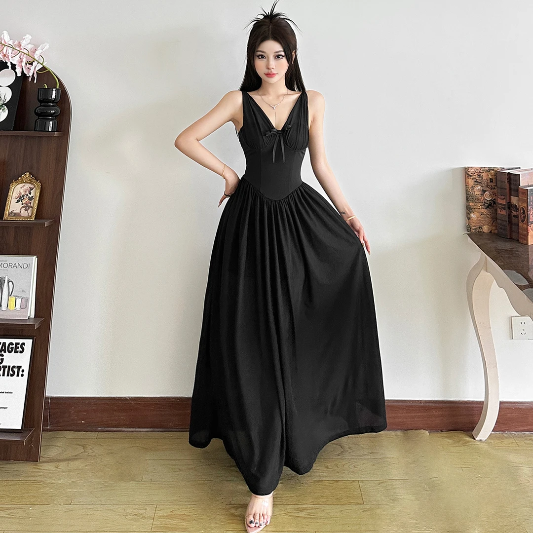 Malou 法式纯欲风茶歇网纱V领塑腰显瘦性感连衣裙女夏K25D73636