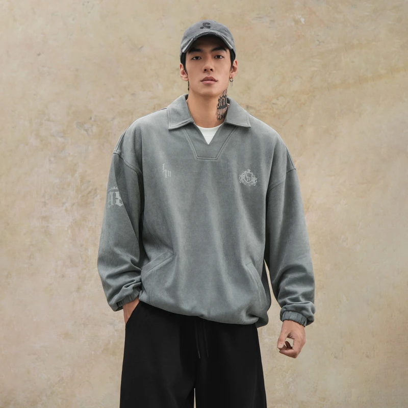 鹿家门冬季V领重磅麂皮绒套头卫衣美式运动休闲复古长袖大码外套