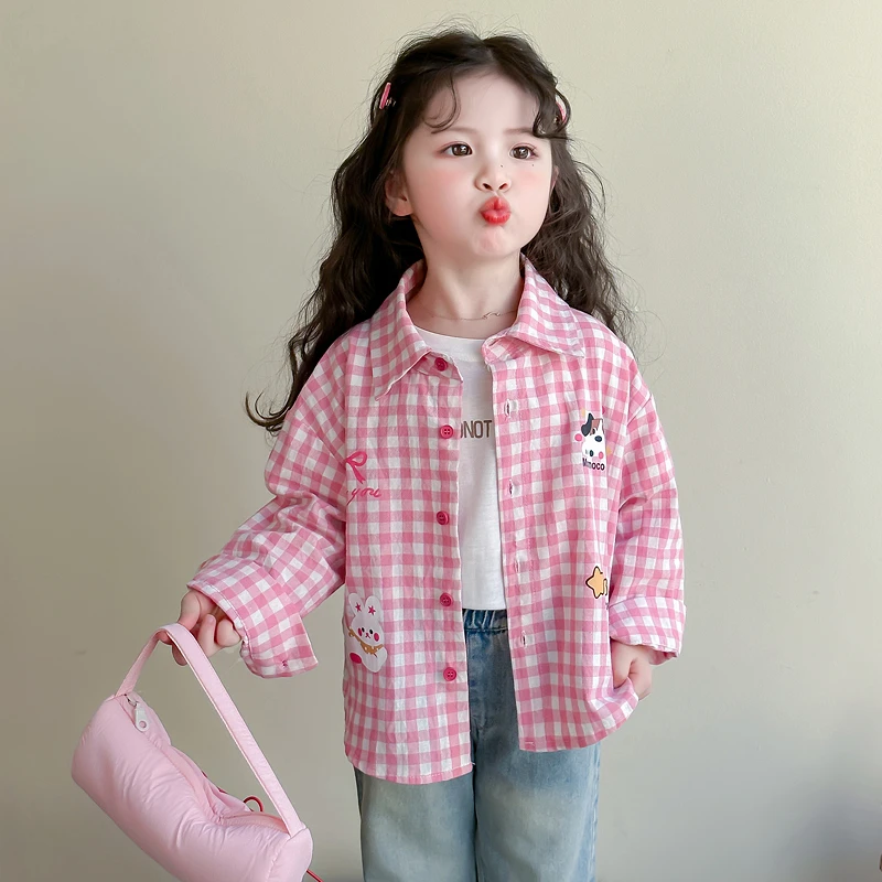 小女童衬衫春秋长袖格子卡通洋气休闲宝宝小童韩版百搭儿童春季潮