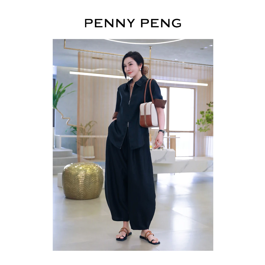 PENNYPENG岁幽真丝舒适宽松透气气质出行黑色翻领真丝波点衬衫