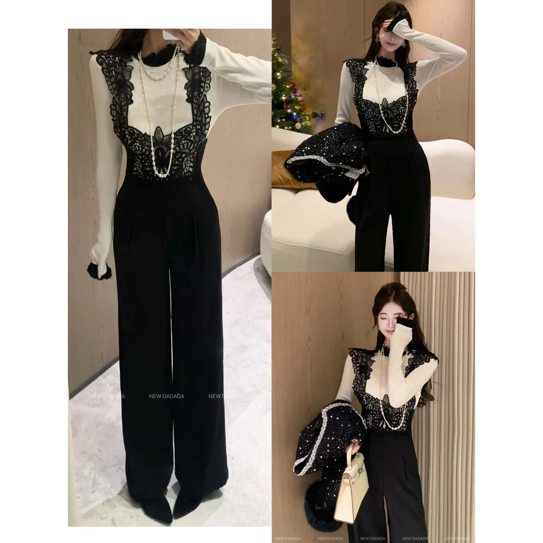 利达 NEW DADADA 法式黑纱连体裤百搭小众显瘦连体背带裤YDM3871