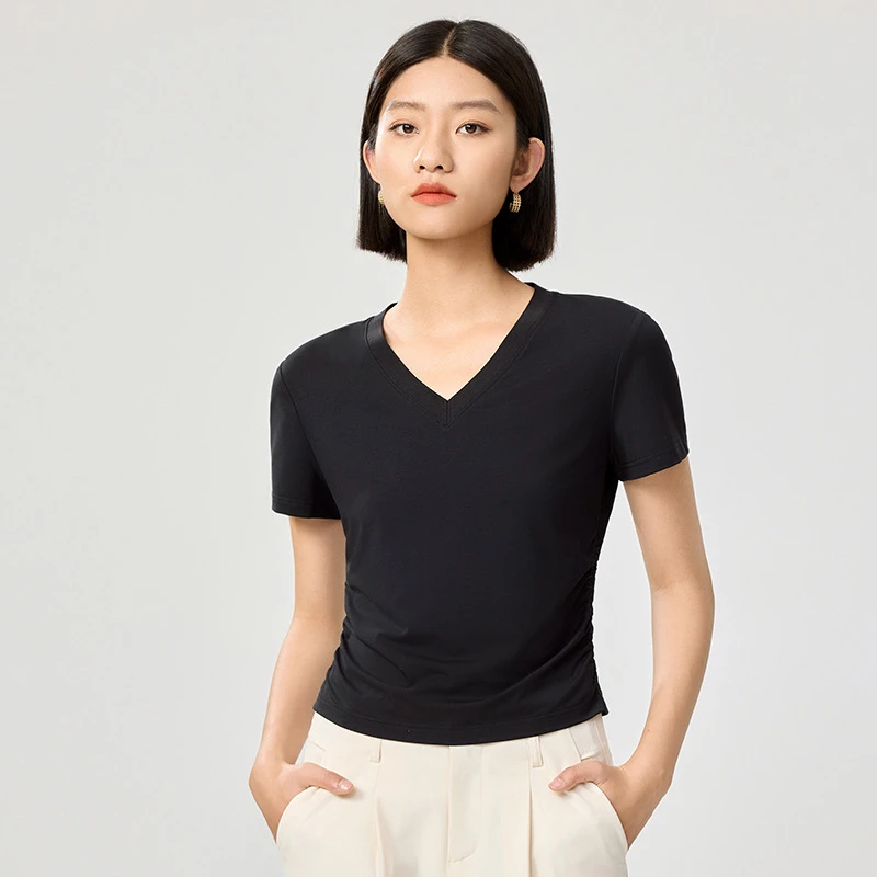 品牌时尚女式T恤高端短袖经典百搭简约显瘦百搭上衣内搭V领体恤衫
